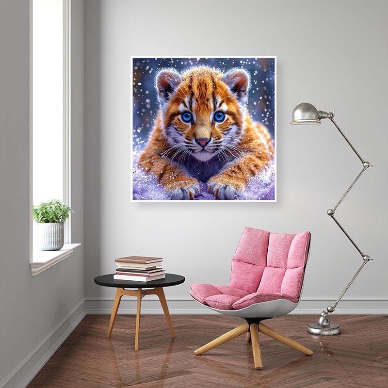 Diamond Painting-Blauäugiges Tigerbaby im Schnee