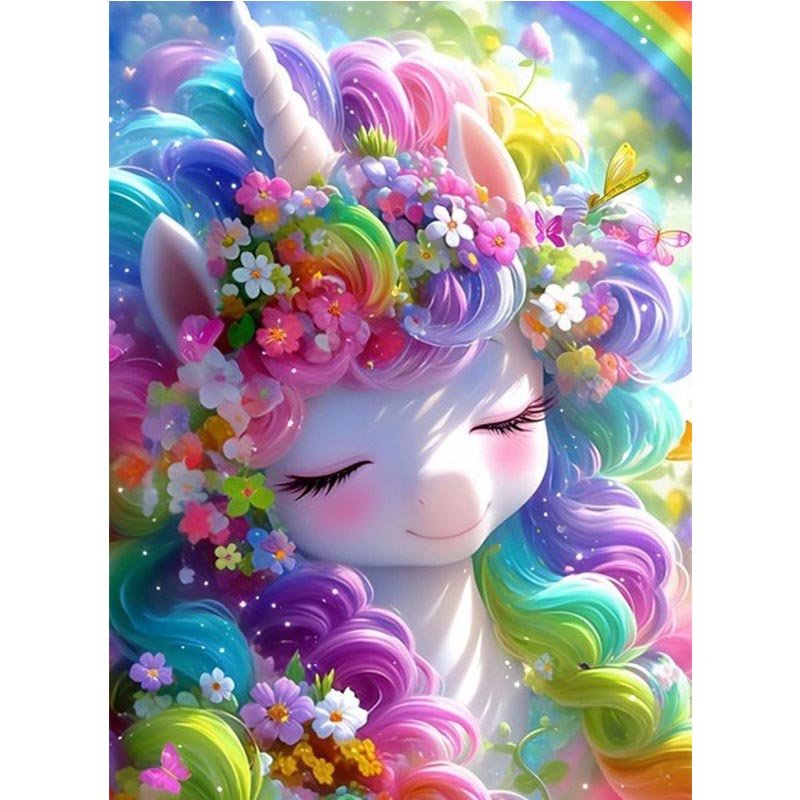 Diamond Painting-Einhorn mit Blumenhaar