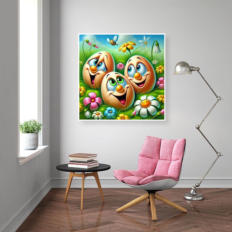 Diamond Painting-Fröhliche Eier im Blumenfeld