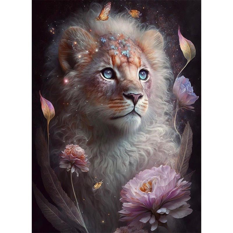 Diamond Painting-Löwe, umgeben von Blumen und Schmetterlingen