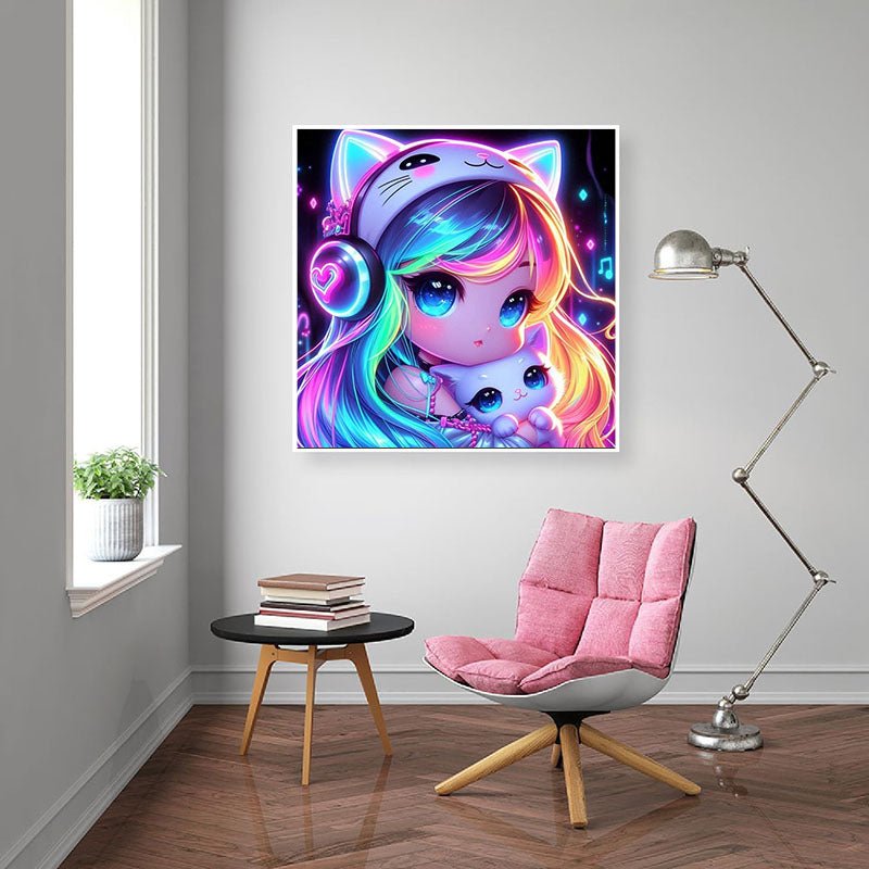 Diamond Painting-Neon-Kitty Girl