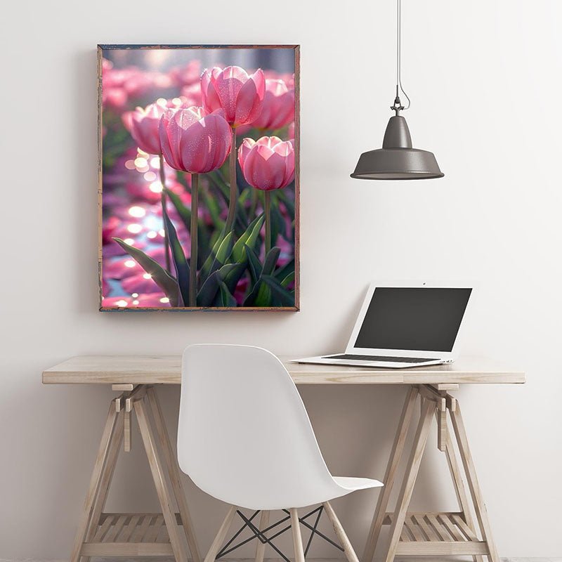 Diamond Painting-Pinkfarbene Tulpen, die vom Tau durchnässt sind