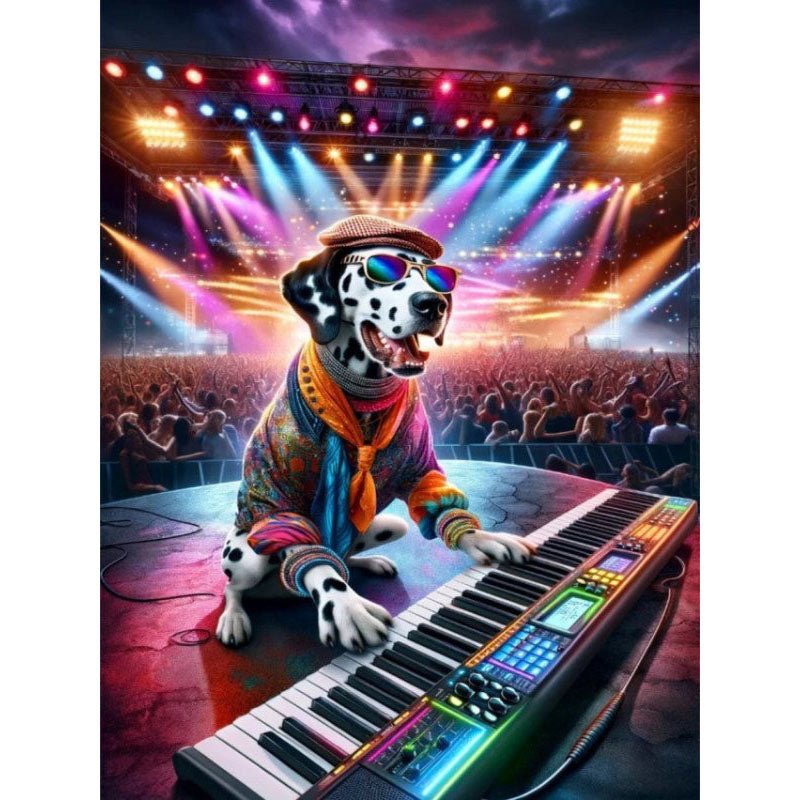 Diamond Painting-Rockstar-Hund mit Keyboard