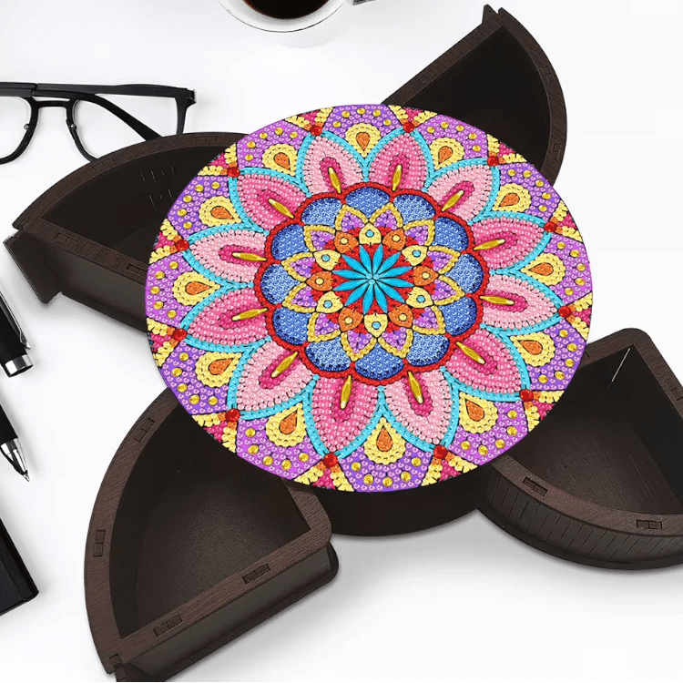 Diamond Painting-Runde Mandala-Schmuckbox mit 4 Fächern-2 - Jetzt bei diamondspainting kaufen