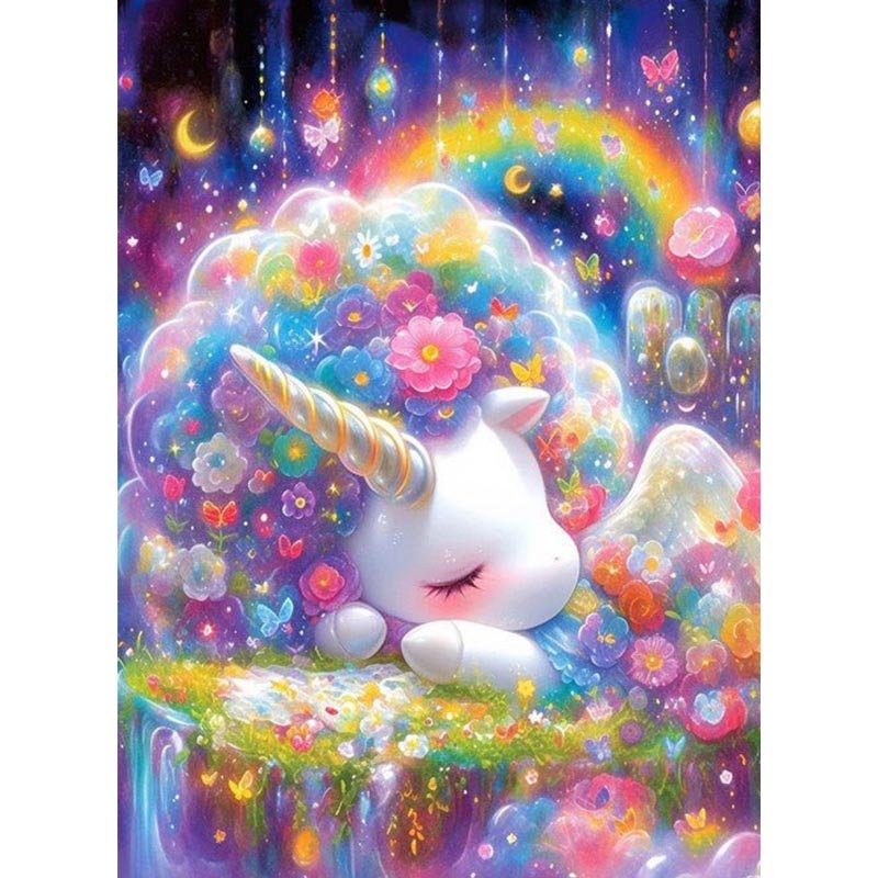 Diamond Painting-Schlafendes Einhorn im Blumenregen