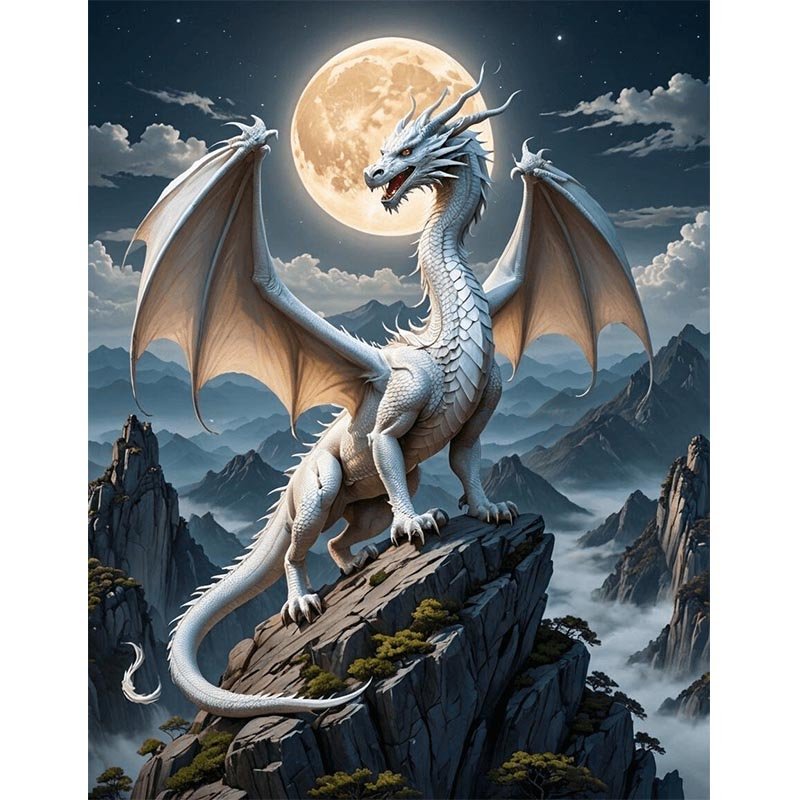 Diamond Painting-Weißer Drache auf dem Berggipfel