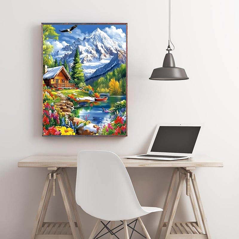 Diamond Painting-Idyllische Berghütte am Wasser