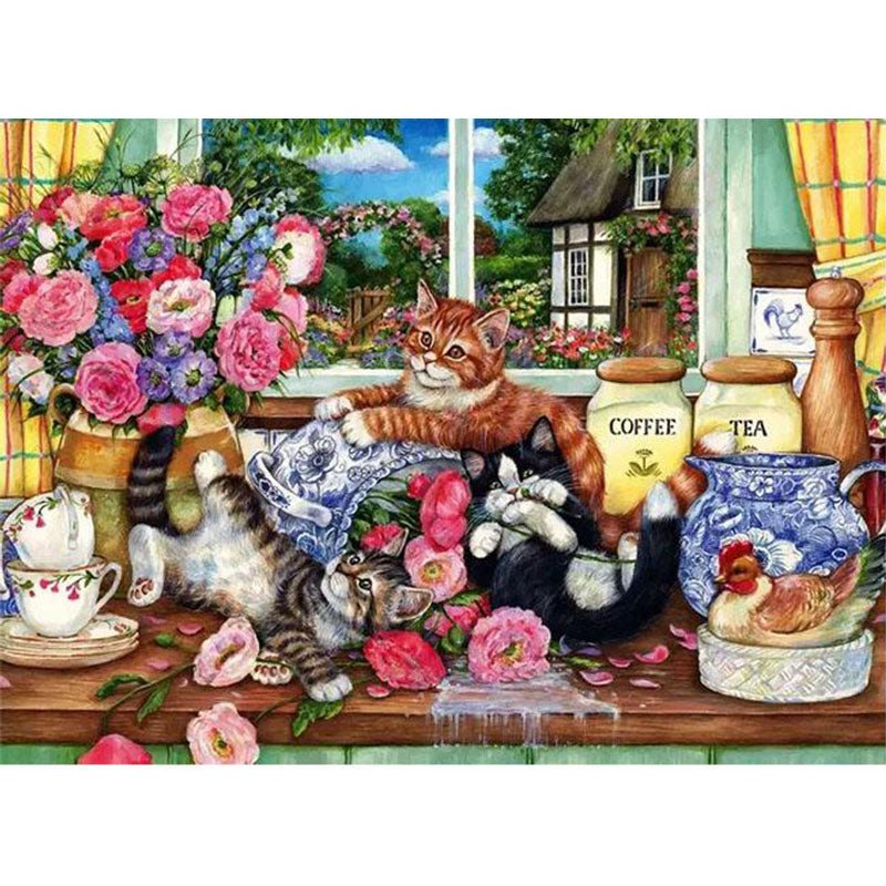 Voll AB Diamond Painting-Teezeit mit Katzen