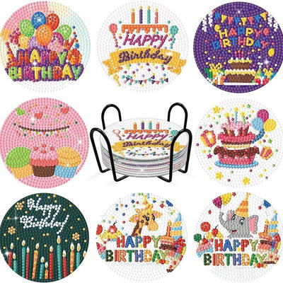 Diamond Painting-8x Happy Birthday Untersetzer