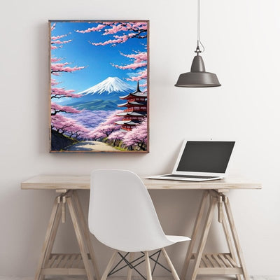 Diamond Painting-Berg mit blühenden Kirschbäumen