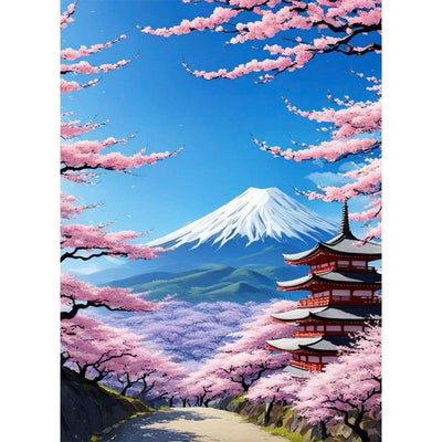 Diamond Painting-Berg mit blühenden Kirschbäumen