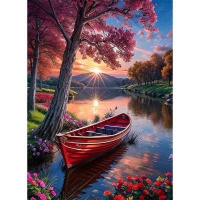 Diamond Painting-Boot auf dem See bei Sonnenuntergang