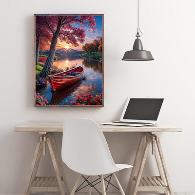 Diamond Painting-Boot auf dem See bei Sonnenuntergang