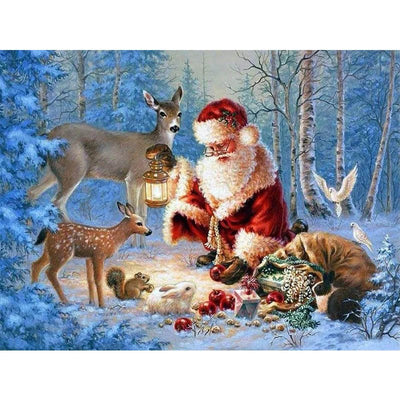 Diamond Painting-Der Weihnachtsmann und die Tiere