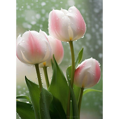 Diamond Painting-Die rosa-weißen Tulpen, die vom Regen getränkt sind