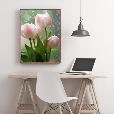 Diamond Painting-Die rosa-weißen Tulpen, die vom Regen getränkt sind