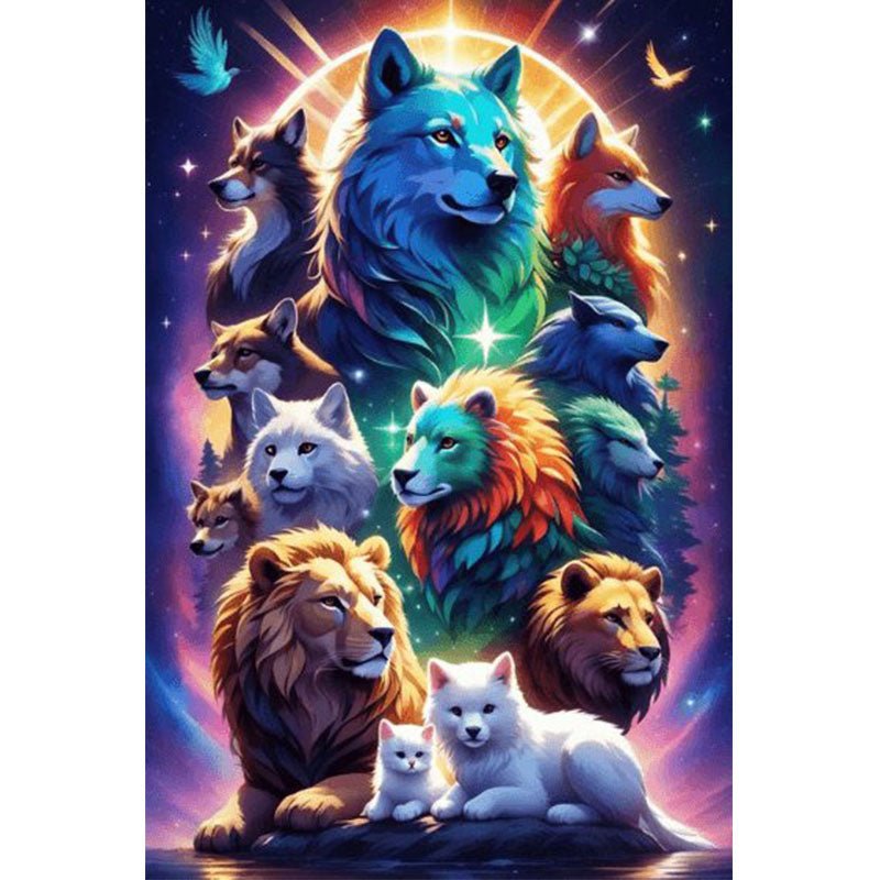 Diamond Painting-Ein Wolfsrudel und ein Löwenrudel