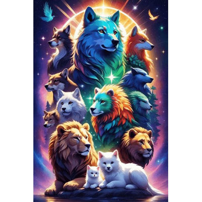 Diamond Painting-Ein Wolfsrudel und ein Löwenrudel