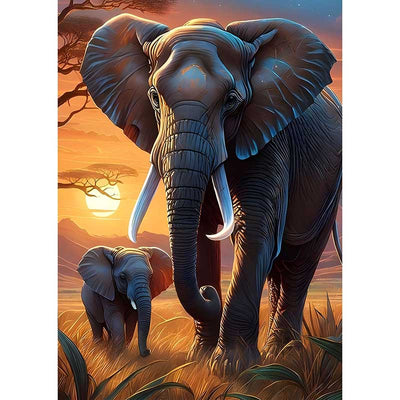 Diamond Painting-Elefanten bei Sonnenuntergang