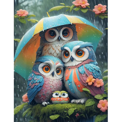 Diamond Painting-Eulenfamilie hält einen Regenschirm