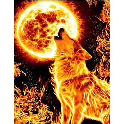 Diamond Painting-Feuerwolf unter dem Flammenmond