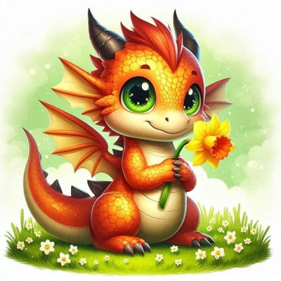 Diamond Painting-freundliche Drache mit der Frühlingsblume