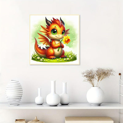 Diamond Painting-freundliche Drache mit der Frühlingsblume