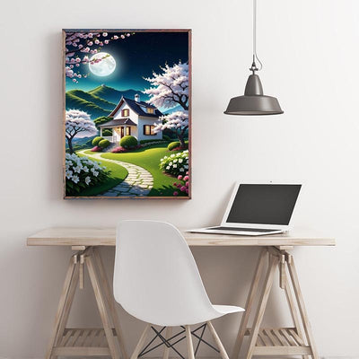 Diamond Painting-Haus unter den Kirschblüten
