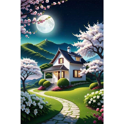 Diamond Painting-Haus unter den Kirschblüten