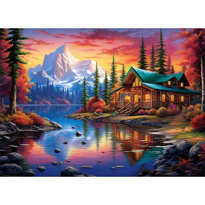 Diamond Painting-Hütte unter dem verschneiten Berg