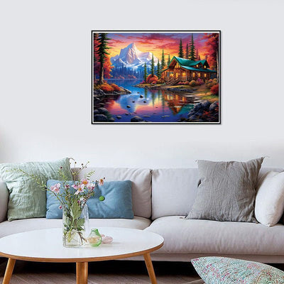 Diamond Painting-Hütte unter dem verschneiten Berg