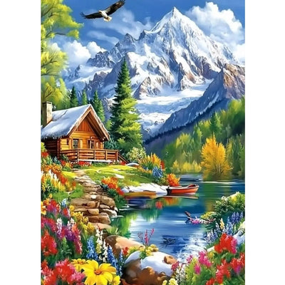 Diamond Painting-Idyllische Berghütte am Wasser