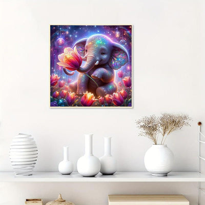 Diamond Painting-Kleiner Elefant in den Blumen