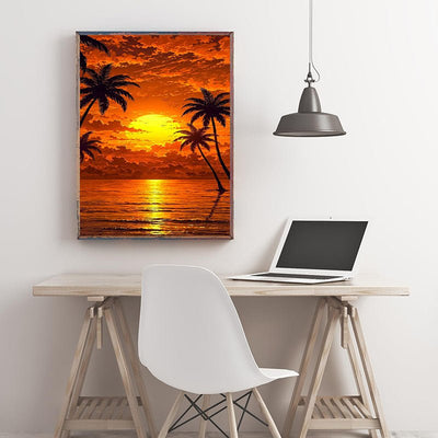 Diamond Painting-Kokosnussbäume am Meer bei Dämmerung