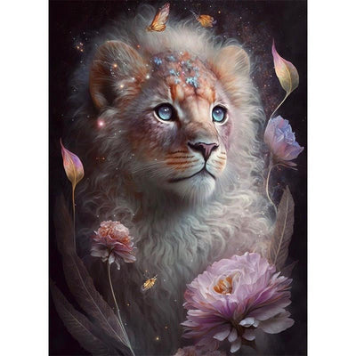 Diamond Painting-Löwe, umgeben von Blumen und Schmetterlingen