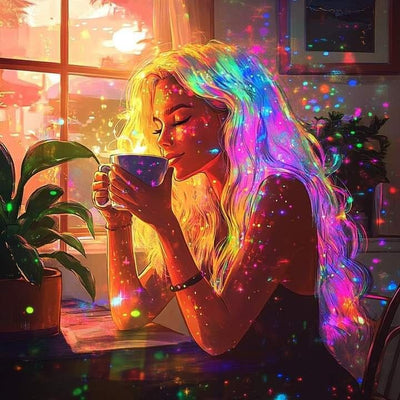 Diamond Painting-Mädchen, das Kaffee trinkt - Jetzt bei diamondspainting kaufen