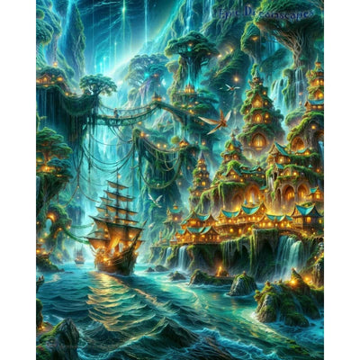 Diamond Painting-Magische Hafenstadt im Dschungel