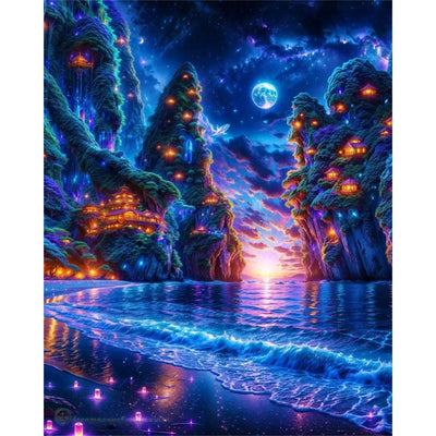 Diamond Painting-Magisches Küstendorf bei Nacht