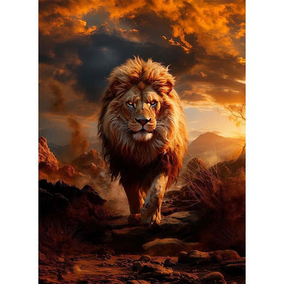 Diamond Painting-Majestätischer Löwe im Sonnenuntergang