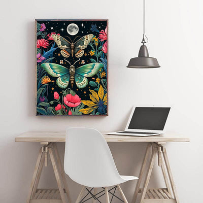 Diamond Painting-Mondschein-Schmetterlinge im Blumenfeld