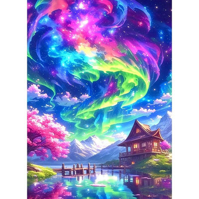 Diamond Painting-Nordlicht-Fantasie am Berghaus