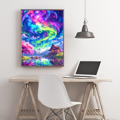 Diamond Painting-Nordlicht-Fantasie am Berghaus