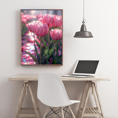 Diamond Painting-Pinkfarbene Tulpen, die vom Tau durchnässt sind