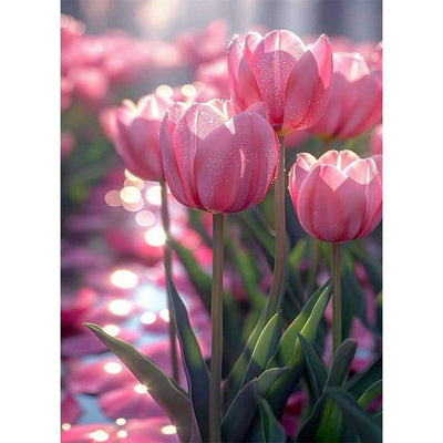 Diamond Painting-Pinkfarbene Tulpen, die vom Tau durchnässt sind