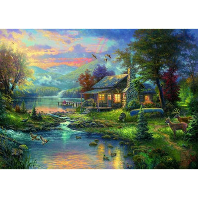Diamond Painting-Romantisches Blockhaus am Wasser