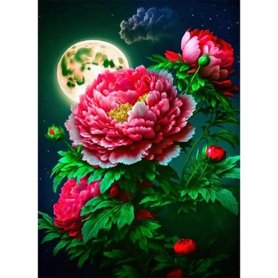 Diamond Painting-Rote und weiße Pfingstrosen im Mondlicht
