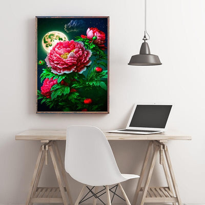 Diamond Painting-Rote und weiße Pfingstrosen im Mondlicht