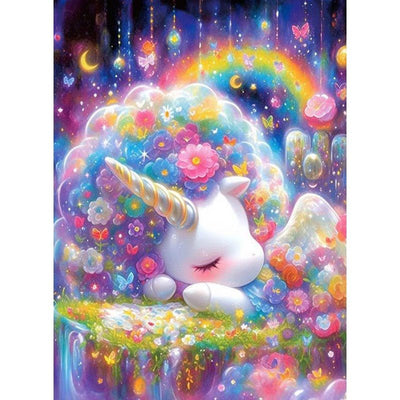 Diamond Painting-Schlafendes Einhorn im Blumenregen