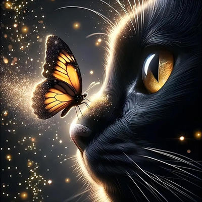 Diamond Painting-Schwarze Katze und Goldschmetterling