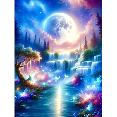 Diamond Painting-Wasserfall am See